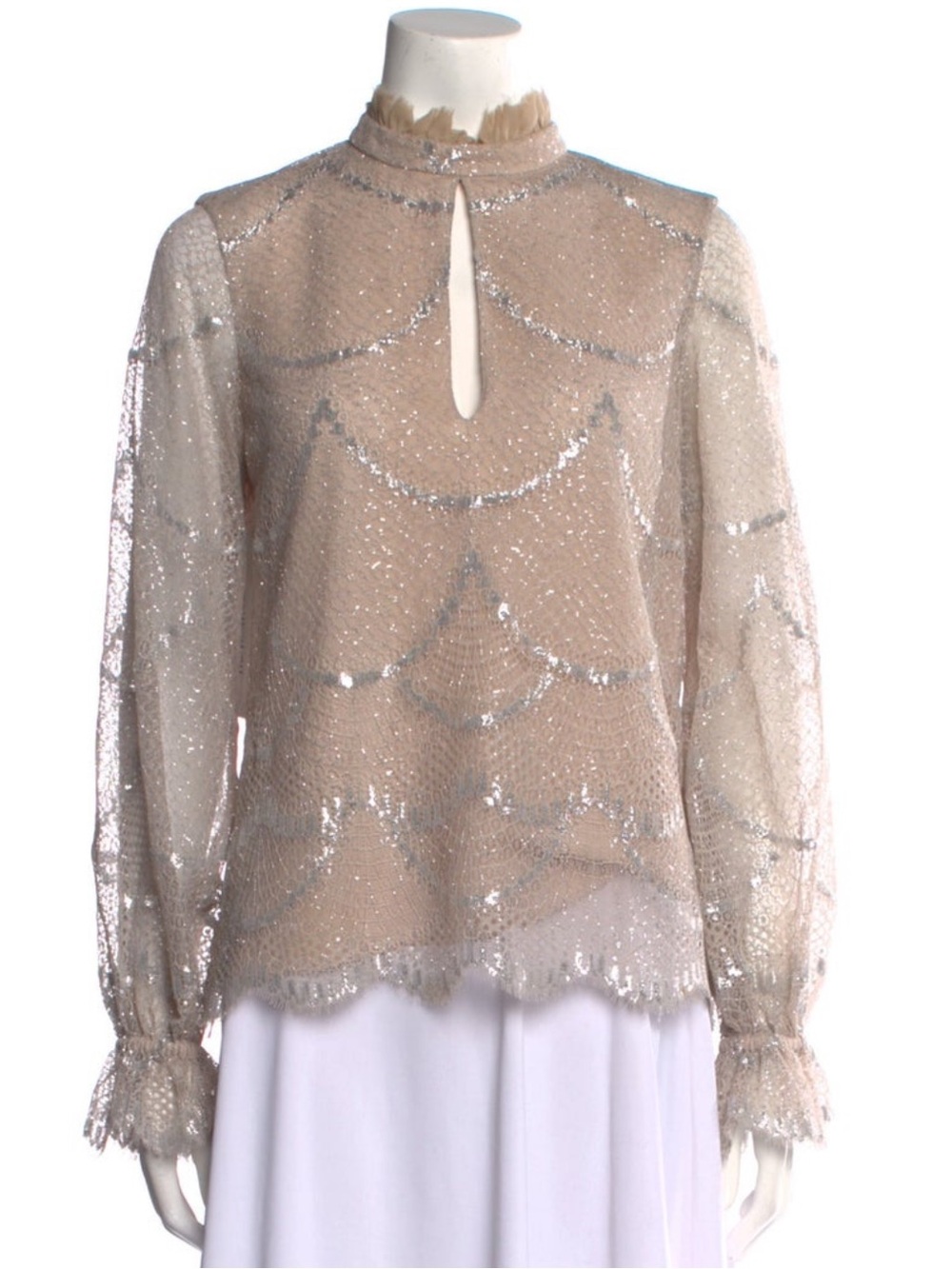 Alexis Champagne Sequin Mesh Blouse with Scalloped Hem